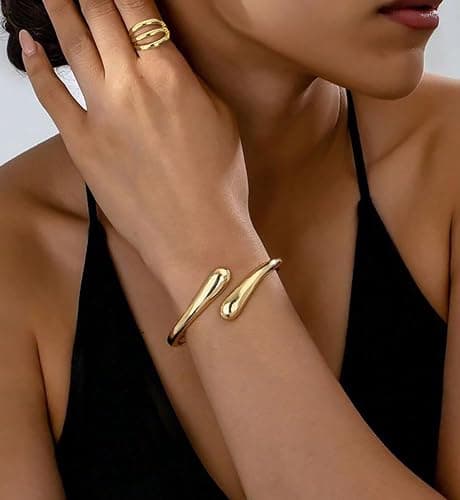 Chunky Gold Bangle Bracelets for Women, Dainty 14k Gold Plated Big Stackable Bangles Set, Trendy Statement Cuff Bracelet Stack Fashion Jewelry Christmas Gifts thumbnail 6