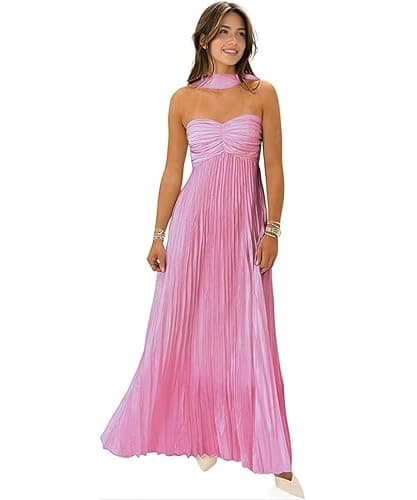 Women Bridesmaid Dress with Scarf Strapless Pleated Satin Flowy Formal Evening Gown Maxi Dresses - Image 1