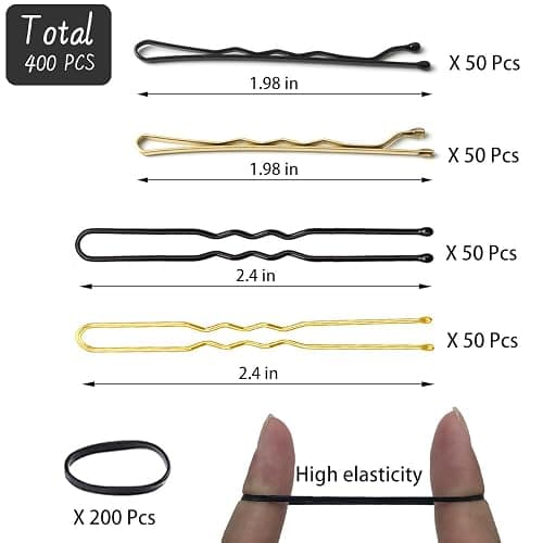 400 Pcs Hair Pins Kit, Including 100 Pcs Bobby Pins, 100 Pcs U Hair Pins, 200 Black Rubber Hair Bands, Hair Pin for Girls and Women, Great for All Hair Types (Black, Gold) thumbnail 2