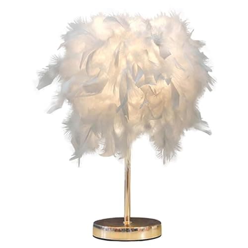 GUANSHAN Weiße Feder-Tischlampe, Nachttischlampe mit goldenem Sockel, Feder-Tischleuchte, Schreibtisch-Lampenschirm für Schlafzimmer, Heimdekoration, Fotografie-Requisiten - Image 1