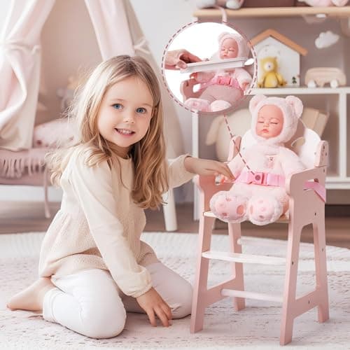ROBOTIME High Chair for Pretend Play, Wooden Baby Doll Furniture with Safety Belt and Footrest, Fits 18 Inch Dolls, Gift for Ages 3+, White/Pink thumbnail 7
