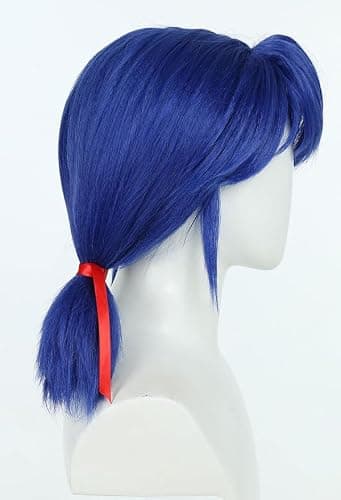 Micotaku Miraculous Ladybug Officially Licensed Blue Wig Short Pigtail Anime Halloween Cosplay Wig with Red Ribbon thumbnail 3