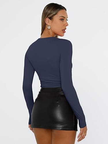 Trendy Queen Womens Long Sleeve Shirts Basic Tees Crop Tops Going Out Spring 2025 Workout Outfits Y2k Clothes - Small - Navy thumbnail 4
