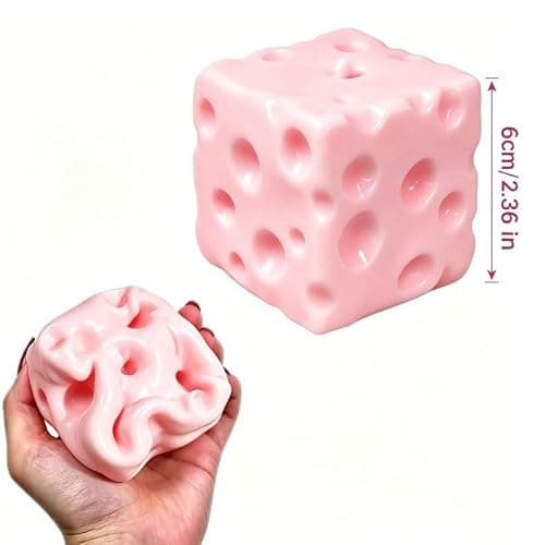 Pink Cheese Squishy Toy - Moldable Dough Texture Stress Relief Sensory Fidget Toys for Adults & Kids - Swiss Cheese Squeeze Toys for Anxiety thumbnail 2