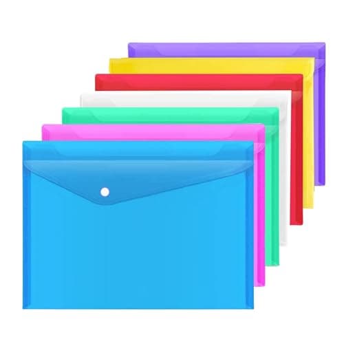 A4 Plastic Wallets 7PCS Folders Waterproof Plastic Wallet Transparent Colours with Button Storage and Organization Office Supplies - Image 1