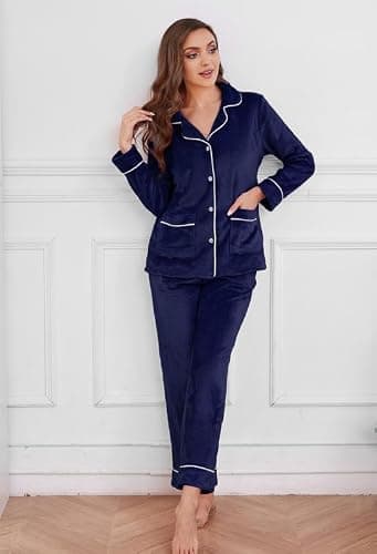 EK4YDNDS Women Fleece Pajama Set, Long Sleeve Button-Down Soft Comfy Two-Piece Sleepwear Lounge Set thumbnail 3