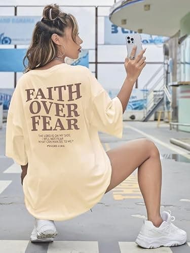 BANGELY Faith Over Fear Shirt Women Graphic Shirts Oversized Workout Gym Christian Religious Tees Drop Shoulder Tee Tops thumbnail 3