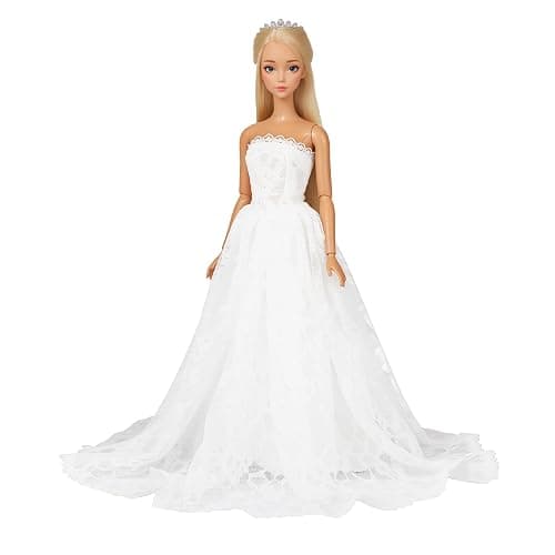 BARWA White Wedding Dress with Long Veil Evening Party Princess White Lace Gown Dress for 11.5 Inch Girl Doll thumbnail 4