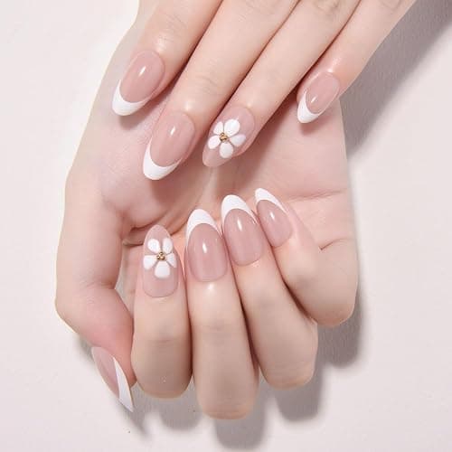 Nude Pink French Press on Nails Short Almond with 3D Flower Design, White French Tip Glossy Press Glue on Nails for Women with Kit, Reusable Soft Gel Stick on Cute Fake Nail with Designs Perfectly Fit thumbnail 2