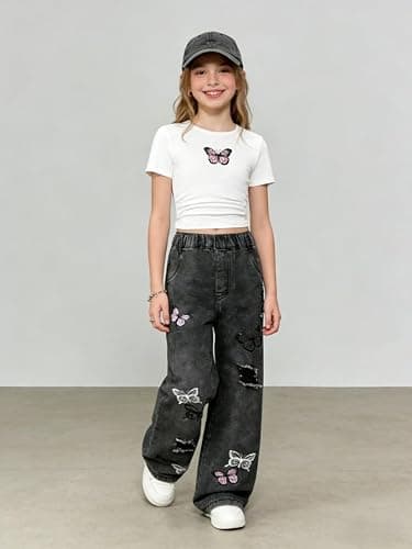 Azmxynol Tween Girl Clothes Short Sleeve Top + Butterfly Design Jeans 2 Pieces Spring Summer Outfit Set, Size 6-14 Years thumbnail 5