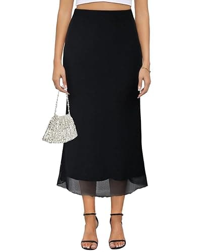 Women's Y2k Mesh Midi Skirt Elastic High Waisted Floral Print Bodycon Mermaid Long Skirts for Women