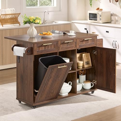 Okvnbjk 57" Rolling Kitchen Island with Storage & Drop Leaf, Walnut - Image 1