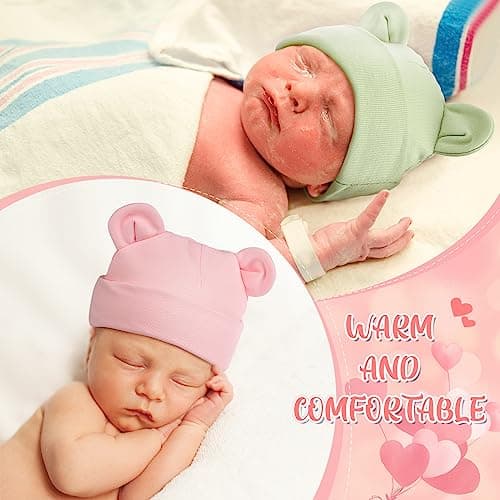 Toulite 6 Pcs Preemie Hats Cotton Preemie Beanies Baby Caps Cute Beanie Bear Ears Hospital Cap for Premature Baby Boys Girls(Light Colors,Solid Style) thumbnail 4