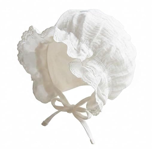 Baby Girl Cotton Muslin Bonnet - Vintage Ruffle Lace Newborn Sun Hat Adjustable Chin - Image 1