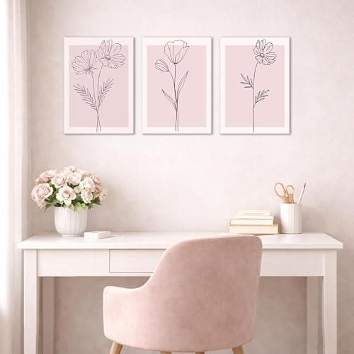 Pink Flower Wall Art Set of 3 Framed, Blush Pink Floral Canvas Wall Decor Pictures, Minimalist Botanical Line Art Prints for Girls Bedroom Teen Room Living Room Aesthetic 12x16 Inch thumbnail 6