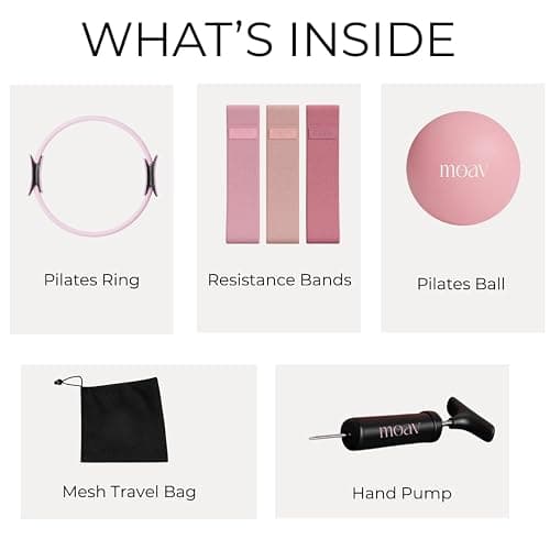 MOAV Premium Pilates Essentials Kit - 14" Ring with Cushioned Handles, Mini Ball with Pump, & 3 Durable Fabric Resistance Bands for Full Body Home Workouts thumbnail 2