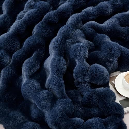 JONIYEAR Soft Fuzzy Bubble Faux Rabbit Fur Throw Blanket for Couch 50" x 60", Reversible Textured Fluffy Warm Thick Blanket for Winter,Luxury Cozy Puffy Shaggy Comfy Furry Blankets for Sofa, Navy Blue thumbnail 8