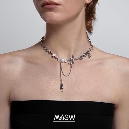Fashion spliced ​​clavicle chain breeding irregular star pearl necklace women's jewelry silver metal choker personality chunky necklace teardrop shape tassel clavicle chain thumbnail 4