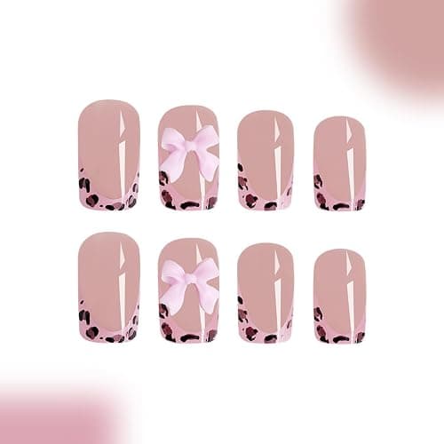Gentle Claws Press On Nails - Pink Leopard Print | Pink French Tip Press On Nails with Leopard Print Tip | Short Coffin Nails with Design, 24 Pcs Reusable Fake Nails thumbnail 4