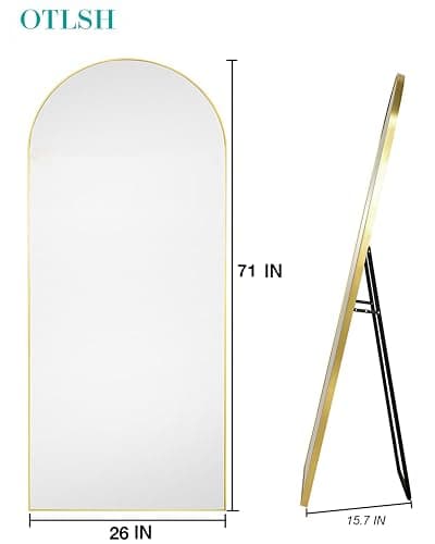 Otlsh Full Length Arched Floor Mirror, 71"26" With Stand, Full Body, Large, Wall, Freestanding, Oversized, Aluminum Frame - Gold thumbnail 2