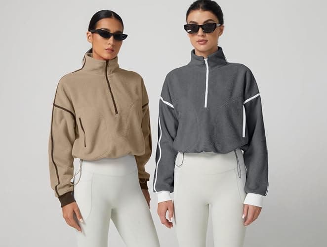 QINSEN Women's Half Zip Fleece Short Pullover Sweatshirt Winter Long Sleeve Cozy Sherpa Sweater Top thumbnail 6