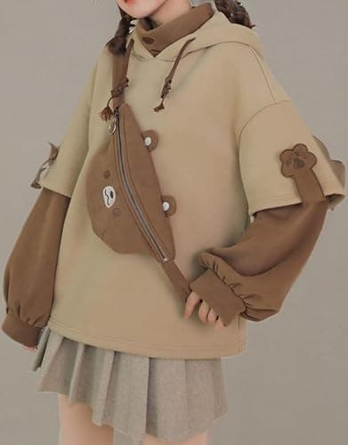 EMILYLE Womens Girls Brown Bear Hoodie Long Sleeve Sweatshirts Cute Pattern Print Kawaii Patchwork Shirts thumbnail 7