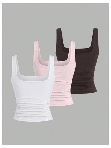 BEAUDRM Women's Y2k Double Lined 3 Piece Crop Tank Top Sets Square Neck Sleeveless Ruched Tee Shirt Basic Tops Pack thumbnail 2