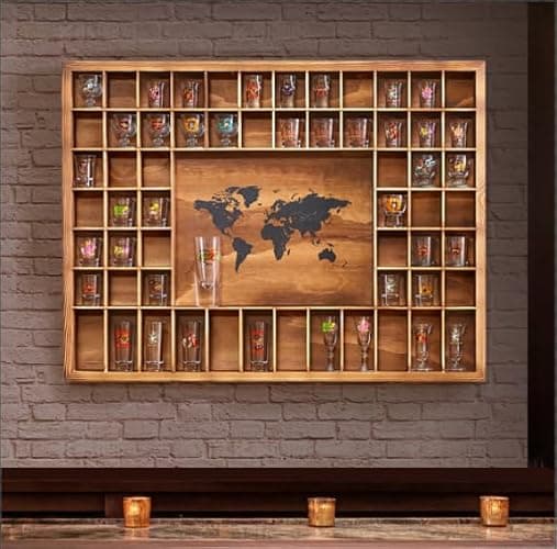 Tristcily Large Shot Glass Display Case with World Map,60 Slots, 34 X 26 Inch Rustic Wood Shot Glass Display Cabinet for 2 Size -In Rooms Bars Wine Cellars with Shot Glasses Jewelry Shell & Keepsakes thumbnail 8