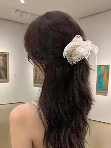 4 Pcs Cute Lace Scrunchies with White Bow Boho Hair Ties Elegant Ponytail Holder Elastic Band Scrunchy Lace Bow Hair Accessories for Women & Girls - Yellow, Pink thumbnail 7