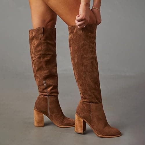 Erocalli Suede Knee-High Boots Fall Boot For Women Chunky Block High Heel Slouch Fashion Boot Round Toe Side Zipper thumbnail 2