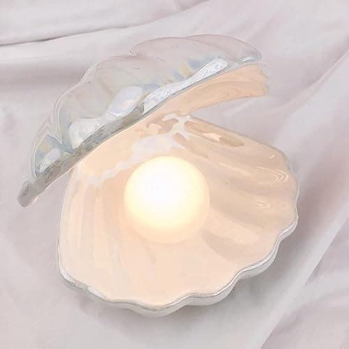 Koolouispoper Ins Japanese Style Ceramic Shell Pearl Night Light Streamer Mermaid Fairy Shell Night Lamp for Bedside Home Decoration Xmas Gift (White) thumbnail 5