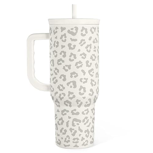 SANDJEST Leopard Tumbler with Handle, Insulated Cup Stainless Steel Travel Mug Cup, Gifts for Women Girl on Birthday Christmas, Cream Leopard, 40oz - Image 1