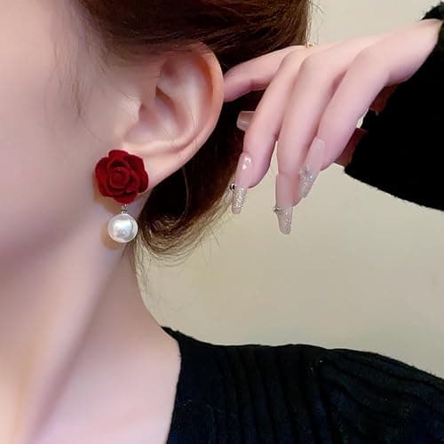 Elegant Floral Clip on Earrings for Women Vintage Red Velvet Rose Flower Pearl Dangle Earrings Non Pierced Plant Camellia Statement Earrings Jewelry thumbnail 4
