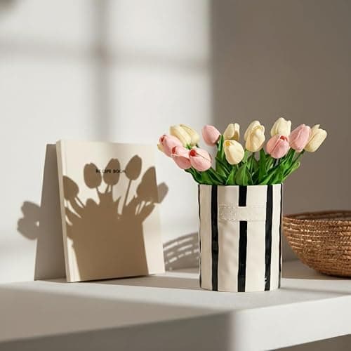 JIEMEI HOME Kitchen Utensil Holder, 7.2" Ceramic Stable Utensil Crock for Countertop, Modern Minimalism Style Cooking Tool Organizer with Cork Mat, Spatula Holder For Kitchen Decor, Black stripes thumbnail 8