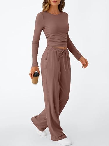 Trendy Queen Women's 2 Piece Matching Lounge Set Long Sleeve Slightly Crop Top Wide Leg Pants Casual Sweatsuit thumbnail 3