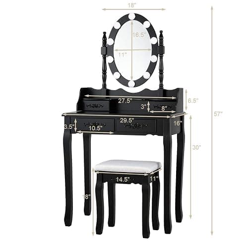 Giantex Makeup Vanity Table with 10 LED Lights, Adjustable Brightness, 4 Drawers, Rotatable Mirror, Cushioned Stool, Vanity Desk Dressing Table Bedroom Furniture (Black) thumbnail 2