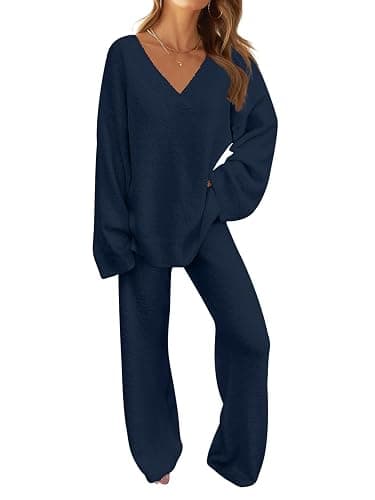 MEROKEETY Women's 2 Piece Outfits Fuzzy Fleece Pajama Set Long Sleeve Top Wide Leg Pants Loungewear - X-Large - Navy - Image 1