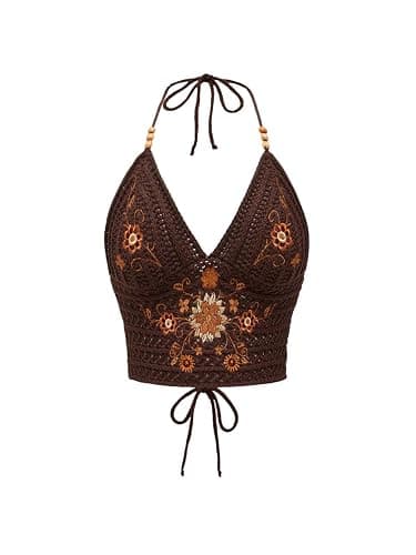 SHENHE Women's Open Back Knitted Halter Crop Top Tie Backless Embroidered Hippie Top - Image 1