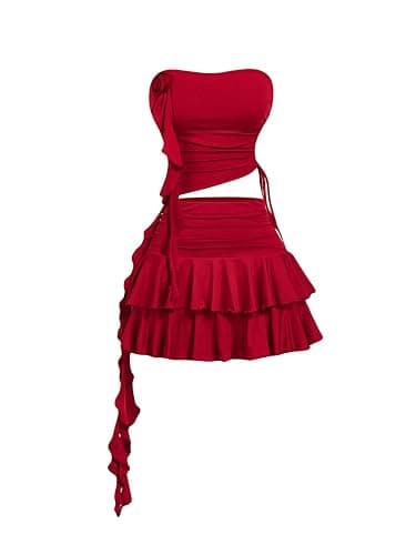 SweatyRocks Women's Y2k 2 Piece Outfits Ruffle Trim 3D Floral Tube Top and Layered Skirt Set - Image 1