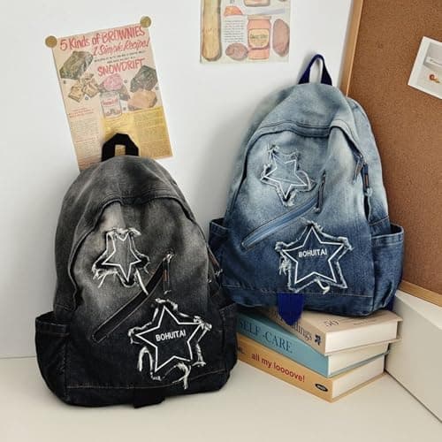 BLUEGALA Y2K Star Backpack,Grunge Goth Denim Bookbag,Punk Emo Backpack for Men and Women, Unique Gothic Fashion Backpack for Daily Use (Black) thumbnail 3