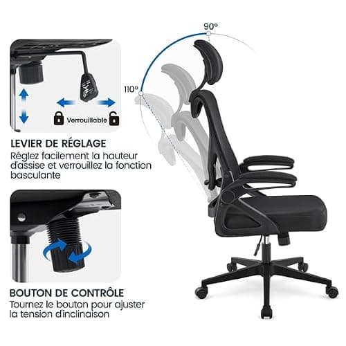 Yaheetech Chaise de Bureau en Maille avec à Haut Dossier avec Accoudoirs Relevables Appui-tête Support Lombaire Assise Réglable en Hauteur Charge Max 136kg Noir thumbnail 6