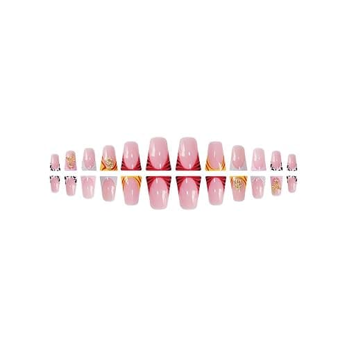 FIEONCIY Press on Nails Duck Shaped Glossy Full Cover Acrylic French False Nails with Designs Artificial Medium Duck Fake Nails with Charms Glue ons Fingernails for Women Girls(YZ22) thumbnail 3