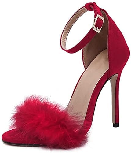 MMJULY Women's Open Toe Ankle Strap Fluffy Feather Stiletto High Heel Dress Sandal - 9 - Red