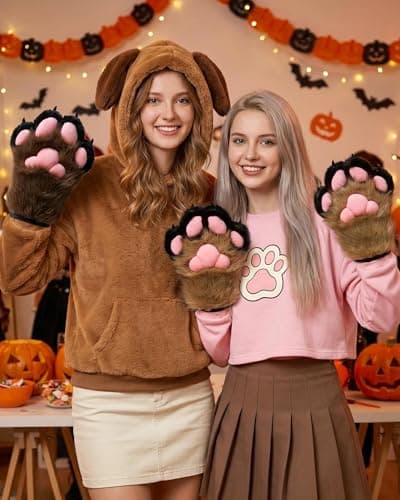 BNLIDES Cosplay Fursuit Paw Gloves Furry Claw Gloves Built-in Whistle Decompression Toys Costume Party Accessories for Adult (Khaki-Black) thumbnail 4