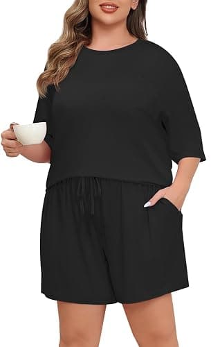 Lastshe Womens Plus Size Pajama Set 2 Piece Soft Short Sleeve with Pockets Summer Shorts Sleepwear Knit Pjs Lounge Set thumbnail 3