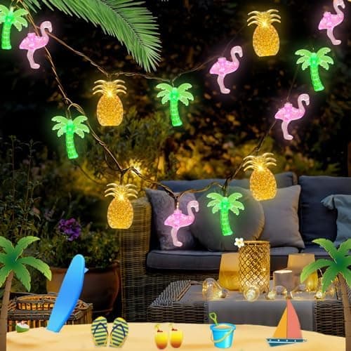 Olixmlya 30 LED [ 8 Modes & Timer ] 16Ft Summer Tropical Beach Hawaiian String Lights Tropical Flamingo Pineapple Palm Tree Fairy Lights Battery Operated for Party Beach Pool Christmas Decor thumbnail 6