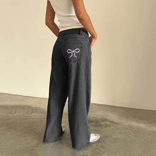 Flvsun Women's Low Waisted Baggy Jeans Wide Straight Leg Casual Loose Denim Pants Y2K Trendy. thumbnail 4