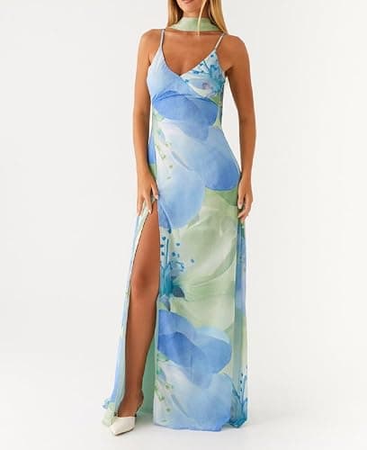 Women Summer Floral Maxi Dress Sexy Backless Bodycon Long Dresses with Scarf Formal Cocktail Tube Sundress thumbnail 4