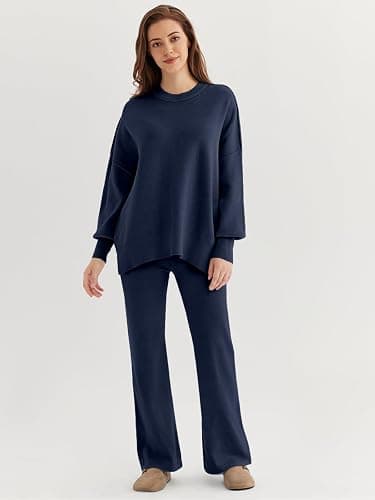 LILLUSORY Women 2 Piece Outfits Sweatsuit Oversized Knit Pullover Sweater Tops Wide Leg Pants Lounge Set thumbnail 2