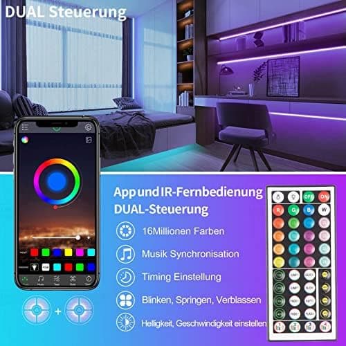 KSIPZE Led Streifen 10m, RGB LED Strip mit Fernbedienung Bluetooth App, Dimmbar Farbwechsel led Lichterkette Lichtband Musik Sync, Selbstklebend Leds Kette Leiste band Beleuchtung für Zimmer Partei thumbnail 2